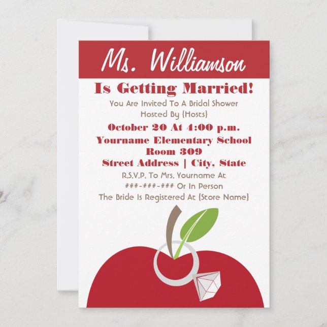 Teacher Bridal Shower Invite - Red Apple & Ring (Front)