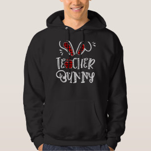 Teacher Bunny Apple Bunny Ears Buffalo Plaid Easte Hoodie