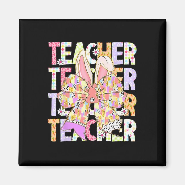 Teacher Bunny Coquette Bow Pencil Bunny Easter Day Magnet (Front)