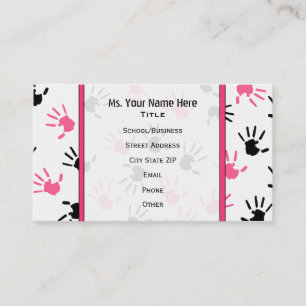 Teacher Business Card Pink & Black Handprints
