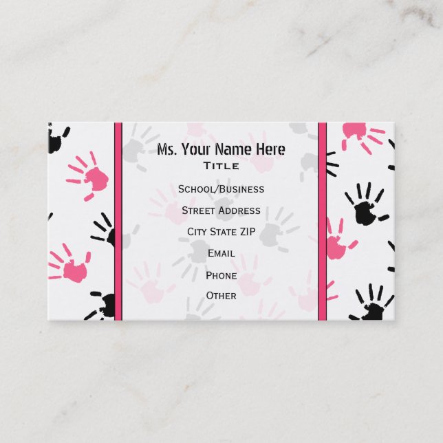 Teacher Business Card Pink & Black Handprints (Front)