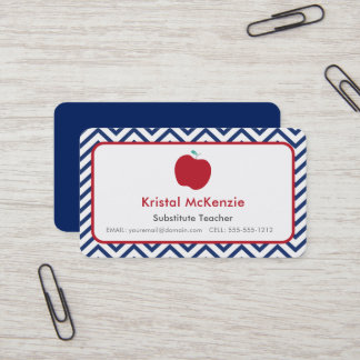 Teacher Business Cards Navy Blue Chevron & Apple