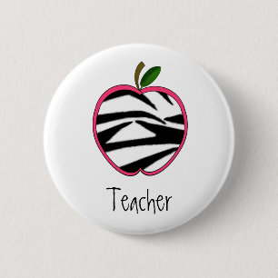 Teacher Button - Zebra Print Apple w Pink Outline