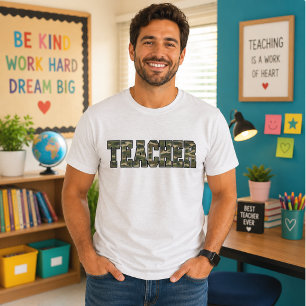 Teacher Camo Bold Varsity Letters Green Military T-Shirt