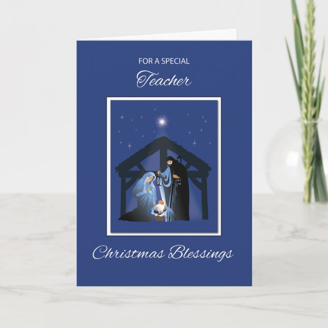 Teacher Christmas Blessings Manger on Blue Card (Front)