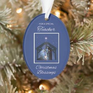 Teacher Christmas Blessings Manger on Blue Ornament