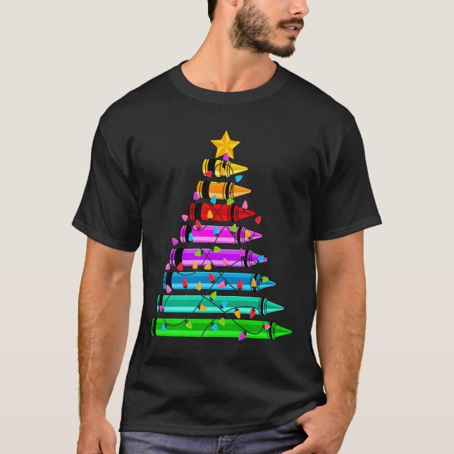 Teacher Christmas Crayon Tree Student Pajama Chris T-Shirt (Front)