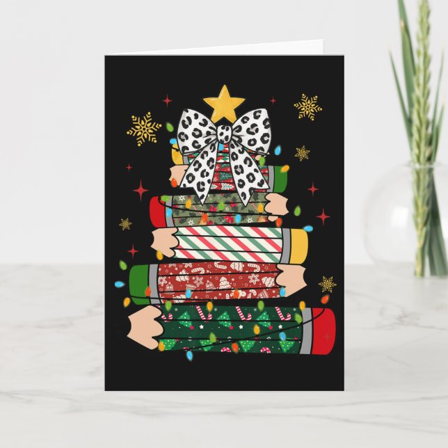 Teacher Christmas Tree Lights Pencil Leopard Print Card (Front)