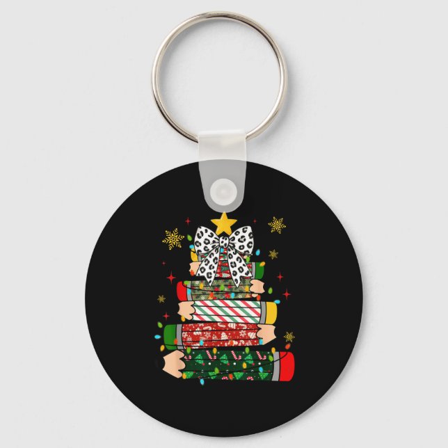 Teacher Christmas Tree Lights Pencil Leopard Print Key Ring (Front)