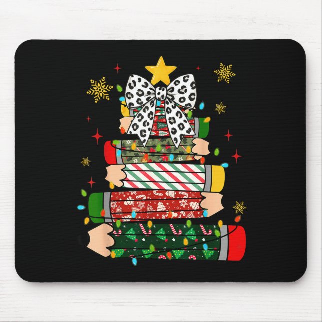 Teacher Christmas Tree Lights Pencil Leopard Print Mouse Mat (Front)