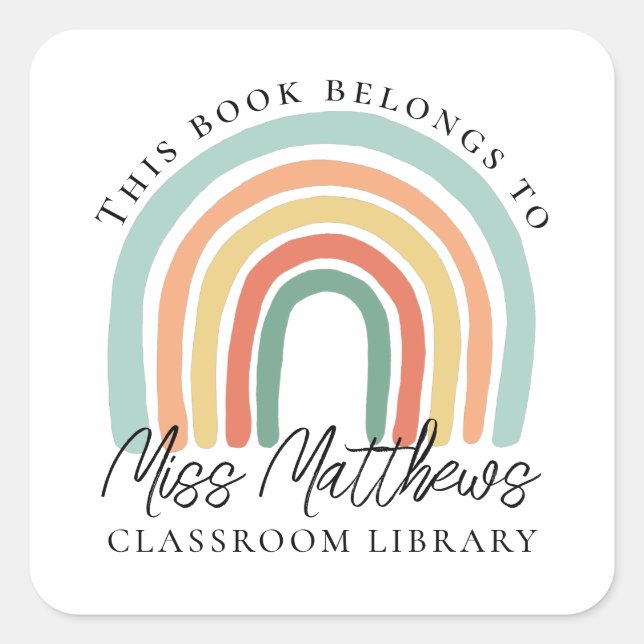 Teacher Classroom Library Rainbow Bookplate Square Sticker (Front)
