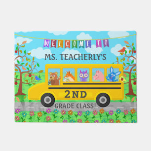 Teacher Classroom Welcome Cute Animals on Bus Doormat