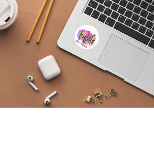 Teacher colourful pencils. Editable name. Classic Round Sticker