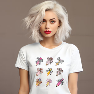 Teacher coquette bows pencils back to school grid T-Shirt
