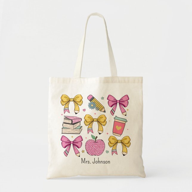 Teacher Coquette Pencil Bow Pattern Tote Bag (Front)