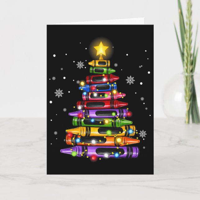 Teacher Crayon Christmas Tree Lights Student Schoo Card (Front)