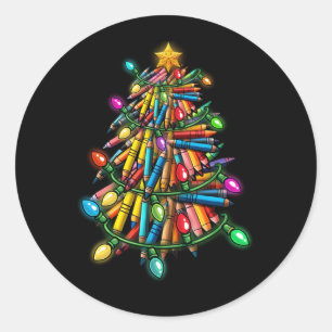 Teacher Crayon Christmas Tree Shape Light Surround Classic Round Sticker
