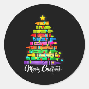 Teacher Crayon Merry Christmas Tree Lights School Classic Round Sticker