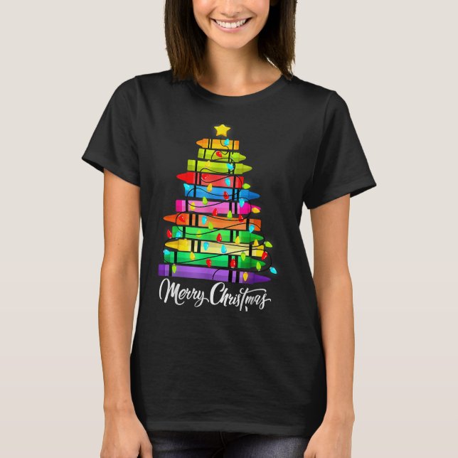 Teacher Crayon Merry Christmas Tree Lights School  T-Shirt (Front)