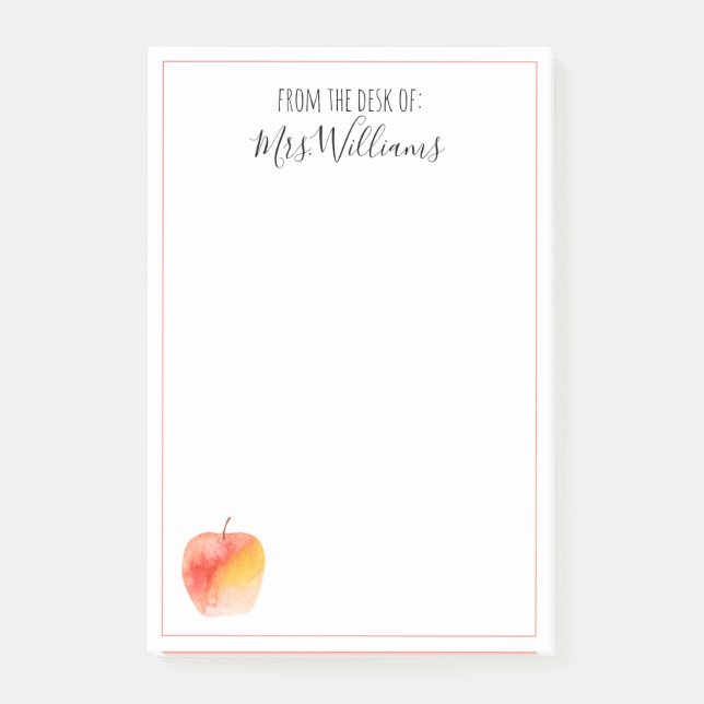 Teacher Custom Name Gift Watercolor Apple Post-it Notes (Front)