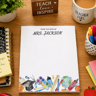 Teacher Custom Name Watercolor School Supplies Notepad