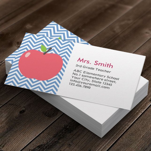 Teacher Cute Apple Modern Blue Chevron Stripes Business Card (Creator Uploaded)