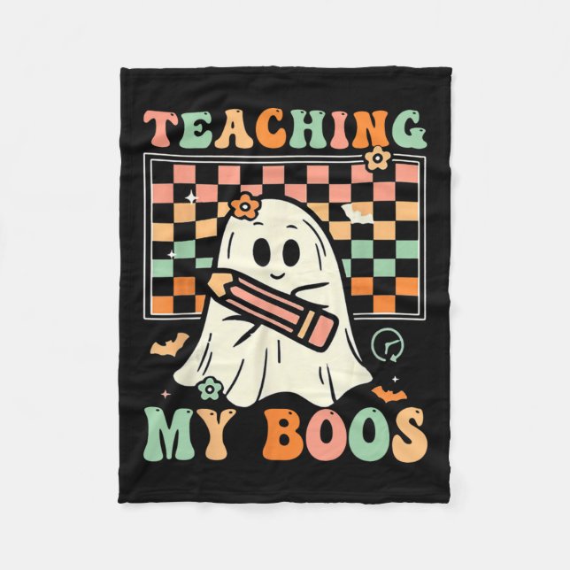 Teacher Cute Ghost Groovy Teacher Halloween Teachi Fleece Blanket (Front)
