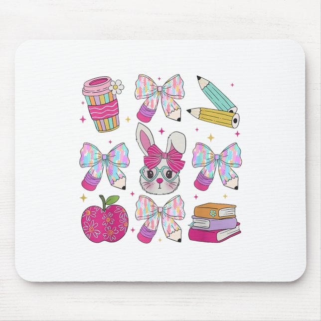 Teacher Easter Coquette Bow Bunny Happy Easter Wom Mouse Mat (Front)