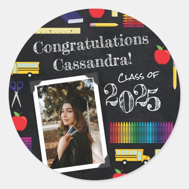 Teacher Education Chalkboard Graduation Portrait Classic Round Sticker (Front)
