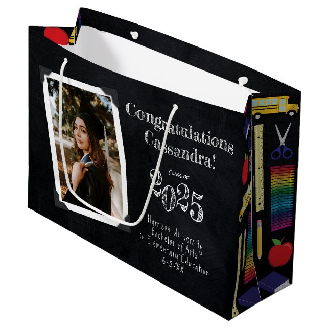 Teacher Education Chalkboard Graduation Portrait Large Gift Bag (Front Angled)