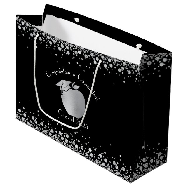 Teacher Education Graduation Black Silver Large Gift Bag (Front Angled)