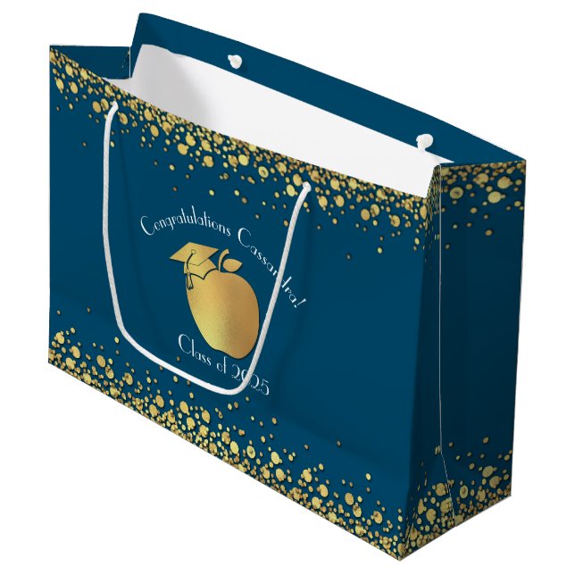 Teacher Education Graduation Blue Gold Large Gift Bag (Front Angled)