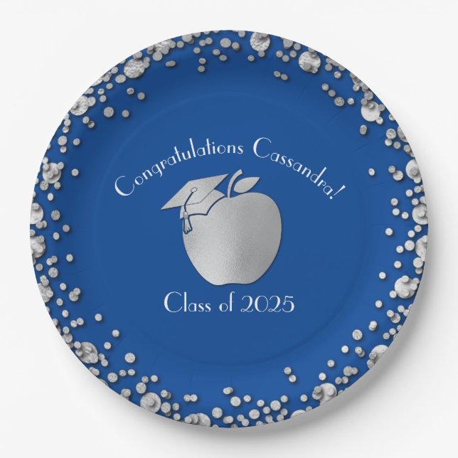 Teacher Education Graduation Blue Silver Paper Plate (Front)