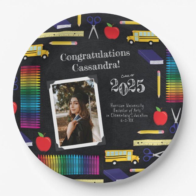 Teacher Education Graduation Chalkboard Portrait Paper Plate (Front)