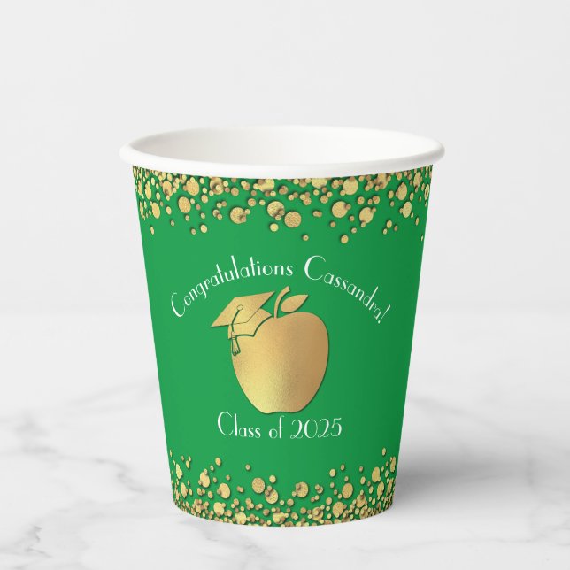 Teacher Education Graduation Green Gold Paper Cups (Front)