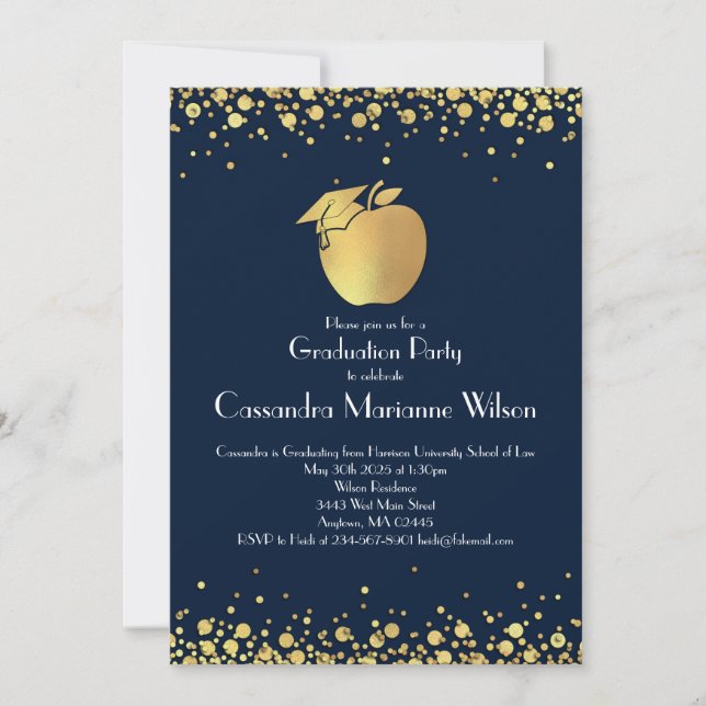 Teacher Education Graduation Navy Blue Gold Invita Invitation (Front)