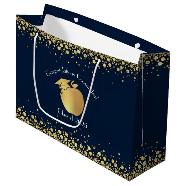 Teacher Education Graduation Navy Blue Gold Large Gift Bag (Front Angled)