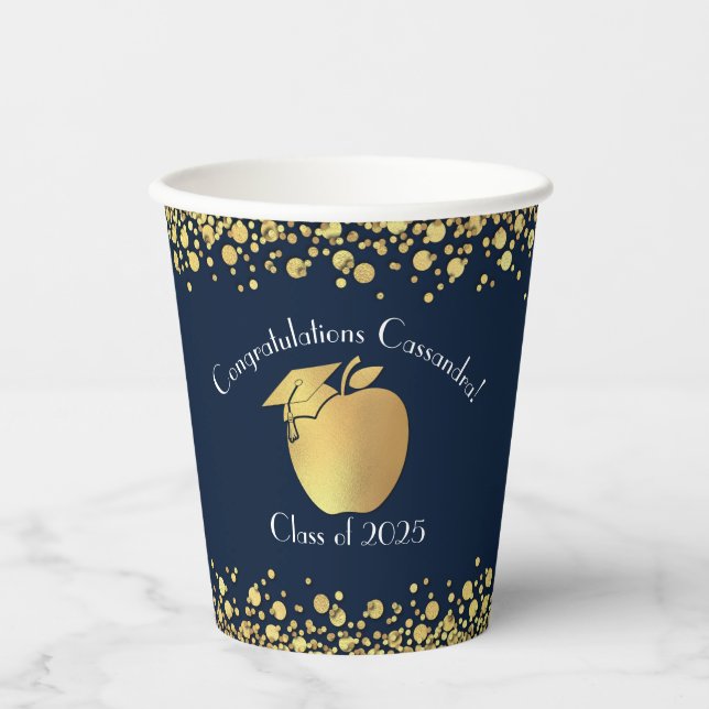Teacher Education Graduation Navy Blue Gold Paper Cups (Front)