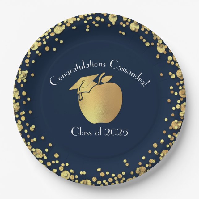 Teacher Education Graduation Navy Blue Gold Paper Plate (Front)