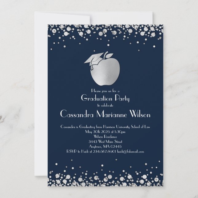Teacher Education Graduation Navy Blue Silver Invi Invitation (Front)