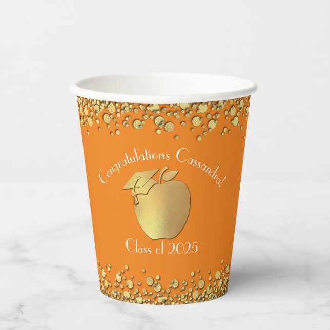 Teacher Education Graduation Orange Gold Paper Cups (Front)
