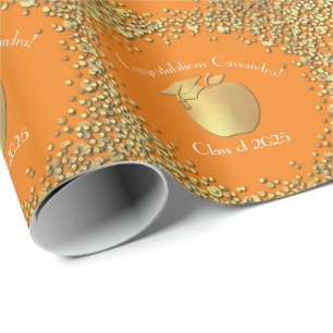 Teacher Education Graduation Orange Gold Wrapping Paper