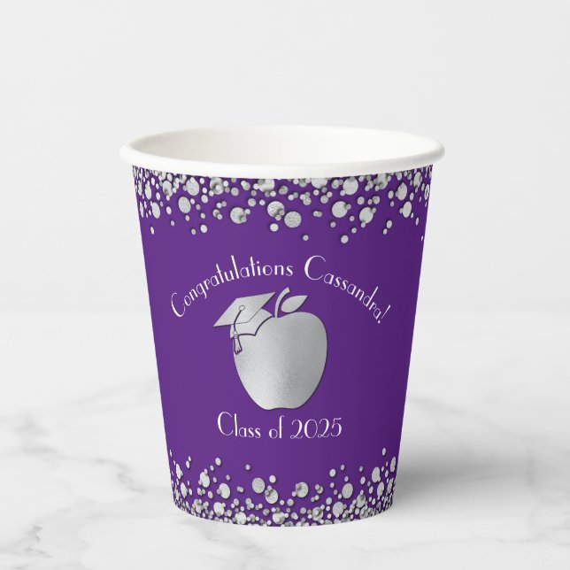 Teacher Education Graduation Purple Silver Paper Cups (Front)