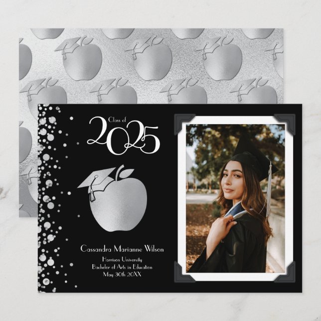 Teacher Education Silver Graduation Black Invitation (Front/Back)