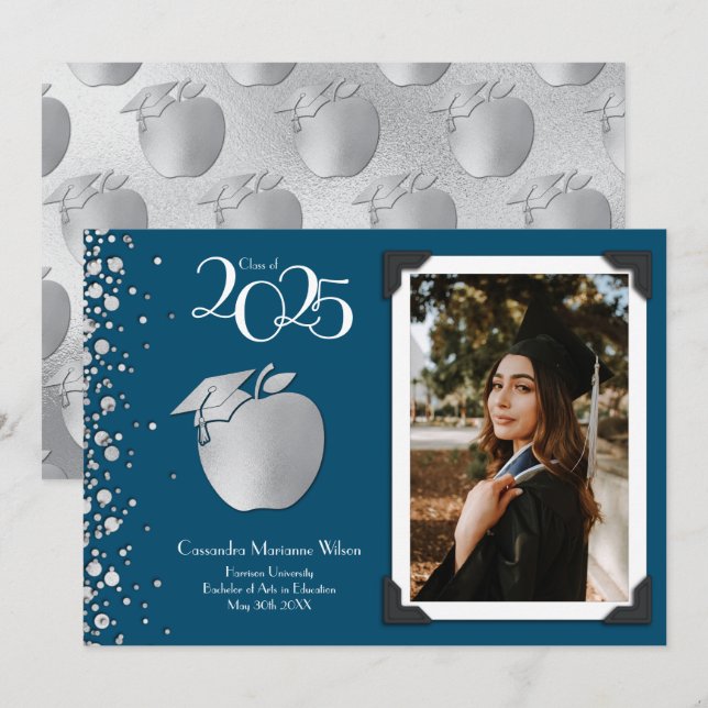 Teacher Education Silver Graduation Navy Blue Invitation (Front/Back)
