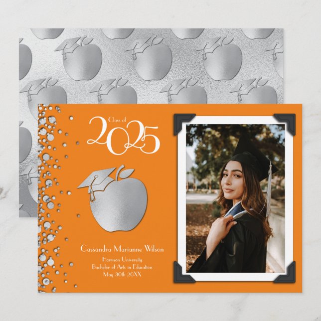 Teacher Education Silver Graduation Orange Invitation (Front/Back)