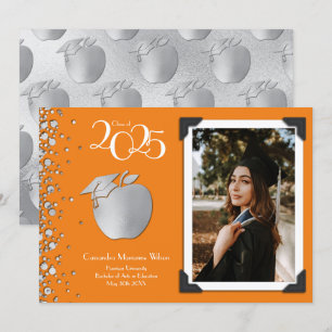 Teacher Education Silver Graduation Orange Invitation