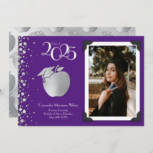 Teacher Education Silver Graduation Purple Invitation (Front/Back)