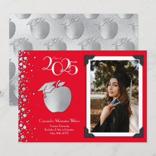 Teacher Education Silver Graduation Red Invitation