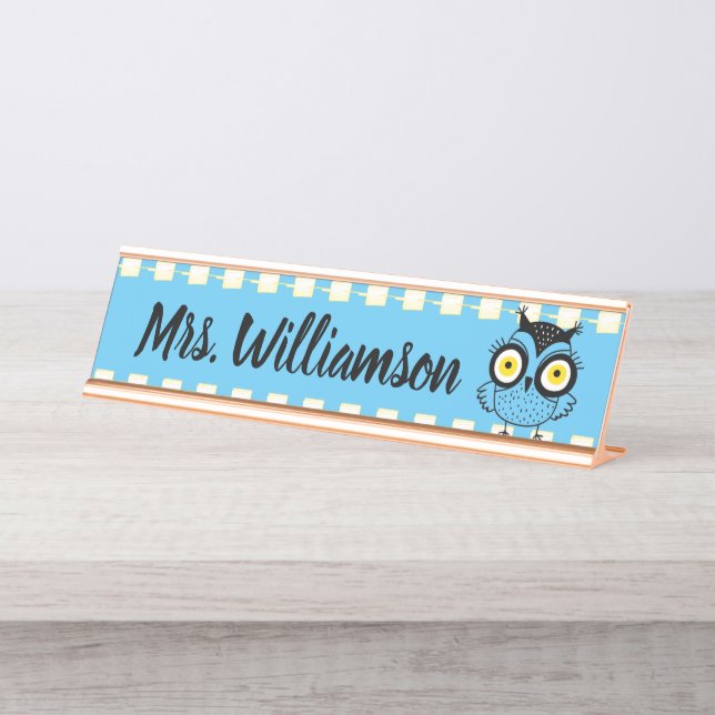 Teacher Educator Librarian Professional Owl Blue Desk Name Plate (Front)